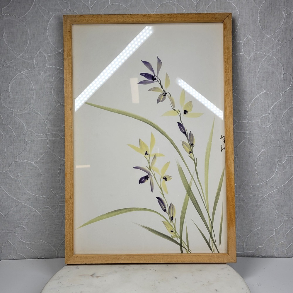 VTG Japanese Orchid Floral Watercolor Painting 18" Frame Wall Art Japandi Signed